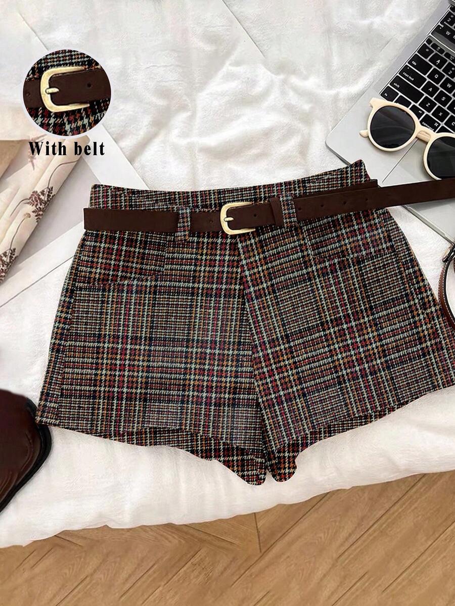 Franclia 复古时尚百搭格子羊毛混纺西装外套配腰带短裤，秋冬休闲短裤 - 酒紅色 - 查看 1