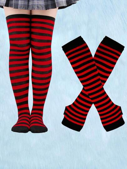 Kawaii زوج من الجوارب فوق الركبة المخططة و زوج من القفازات بدون أصابع