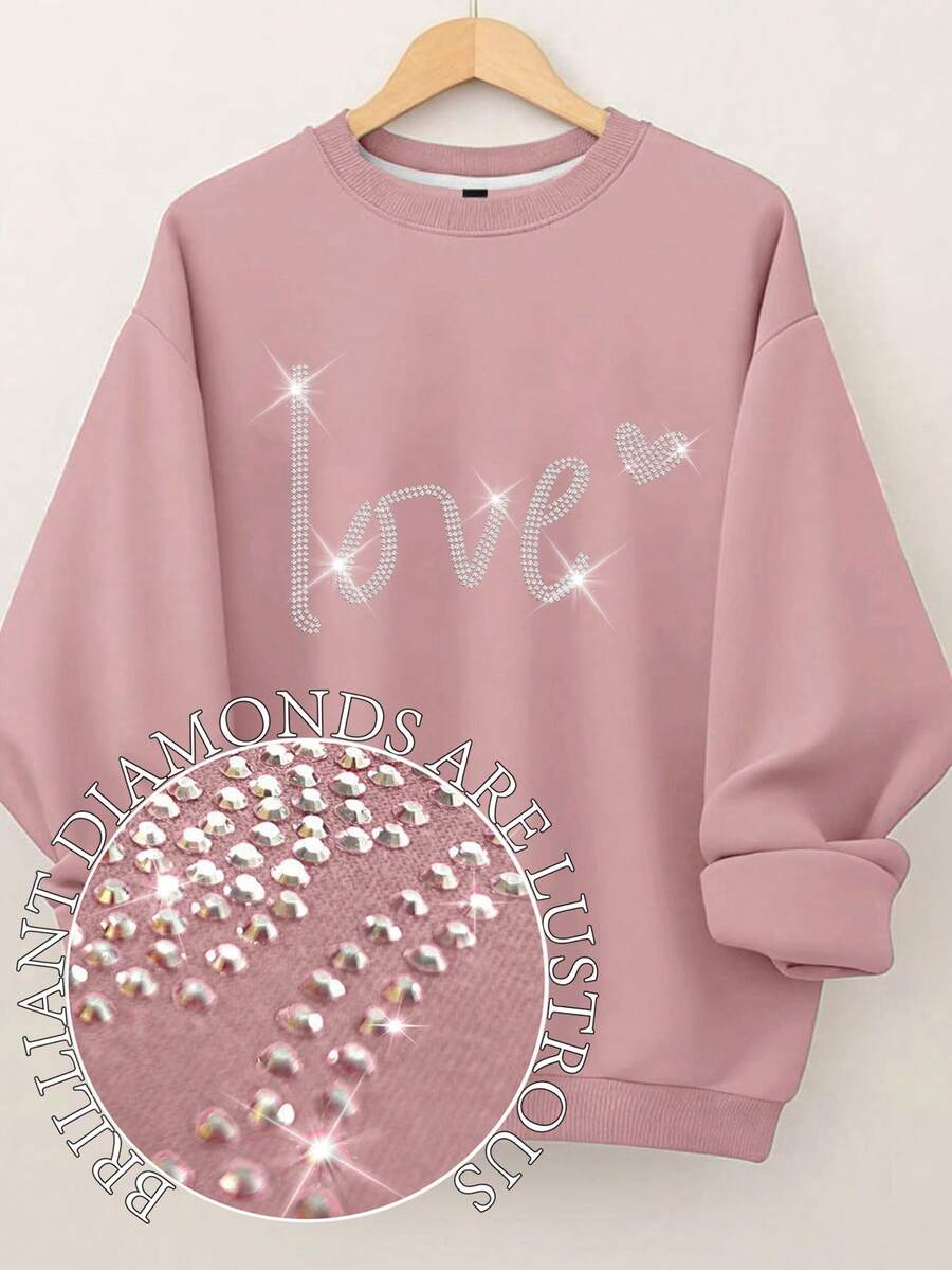 EMERY ROSE Plus Size Women's Love Letter Heart-Shaped Pattern Printed Round Neck Sweatshirts Fall - Dusty Pink - View 1