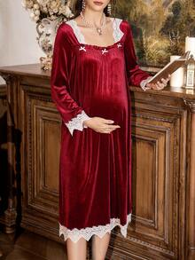 PalaceNights Contrast Color Lace Patchwork Square Neck Bow Decor Velvet Maternity Nightgown, Autumn/Winter - Burgundy - View 1