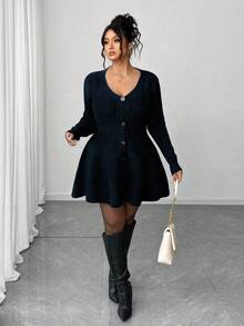 Elenzga Plus Size Fall Solid V-Neck Button Placket Peplum Hem Cardigan - Navy Blue - View 4