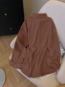 INAWLY Plus Size Women's Solid Color Long Sleeve Single-Breasted Casual/Work Shirt Fall - Coffee Brown - View 2
