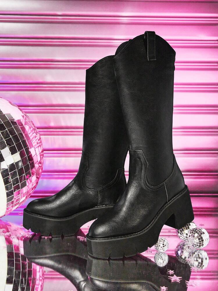 Women's Fashion Black Thick Sole Motorcycle Mid-Calf Boots, Street Style
