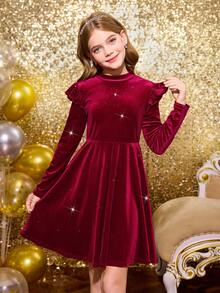 SHEIN Glowmode Tween Girl Elegant Burgundy Velvet Knit Dress,Long Sleeve Ruffle Trim Princess Dress For Autumn Party,Daily School Birthday Wear For Teens - Red - View 4