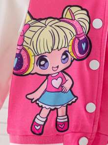 1pc Baby Girl's Fashionable Cute Sweet Floral Print Rose Pink & White Patchwork Baseball Jacket, Suitable For School And Sports, Spring/Autumn - Multicolor - View 4