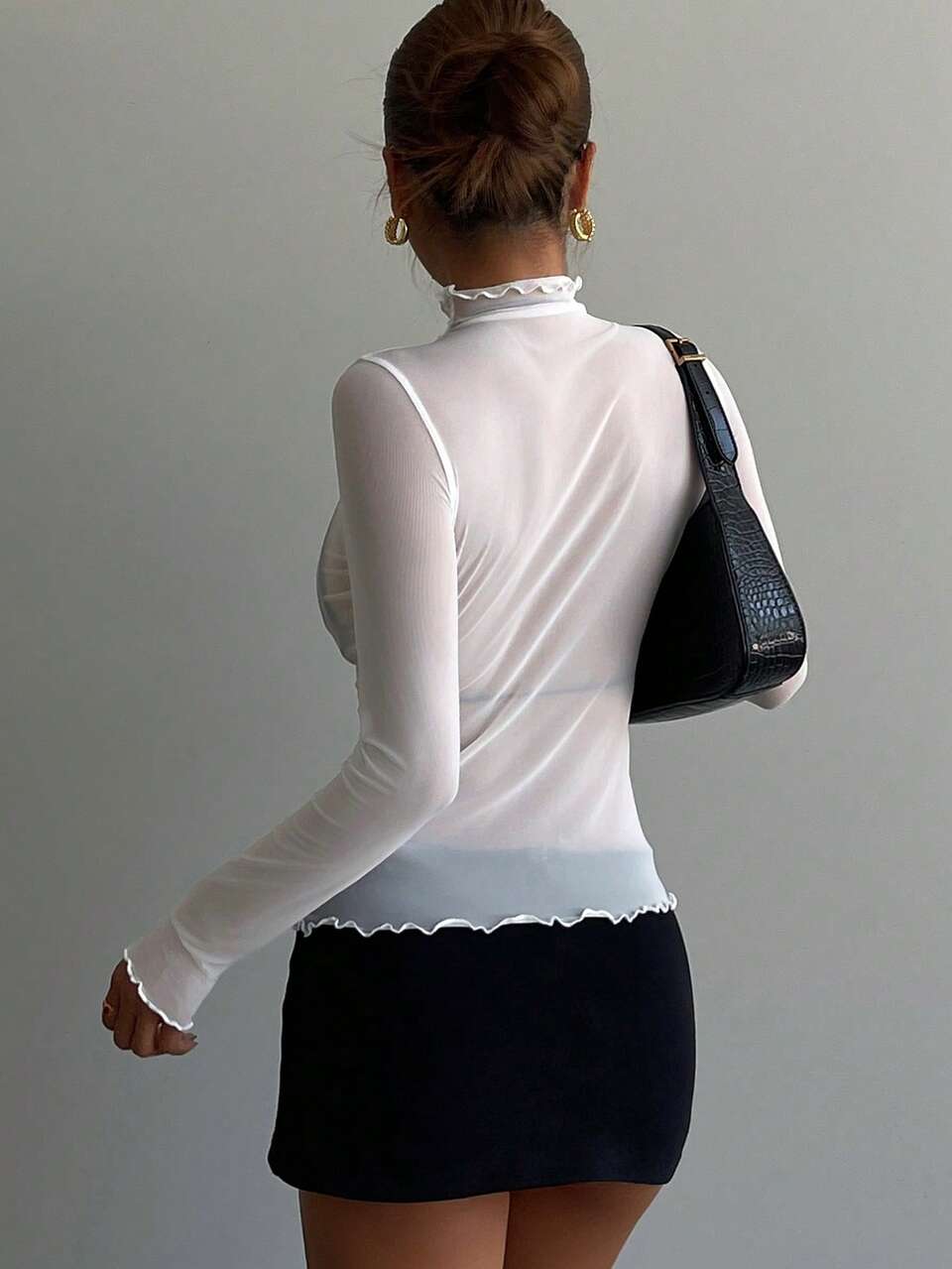 Women's Solid Color Frill Trim Turtleneck Slim Fit T-Shirt, Coffee Brown, All Season
