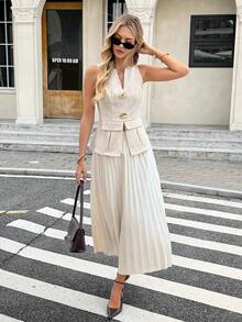 SHEIN Frenchy Women's Off-White Elegant 2-Piece Set,V-Neck Metal Decor Sleeveless Top & Pleated Hem Skirt,Slim A-Line Silhouette,Summer Brunch Vacation Outfits - Apricot - View 3