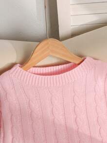 SHEIN Tween 女童休闲纯色落肩宽松纹理针织短款毛衣，秋冬针织衫，粉色 - 粉色 - 查看 3