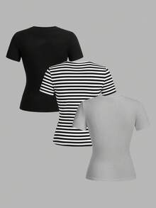 SHEIN EZwear 3pcs Women Crew Neck Solid Striped Casual Fitted Short Sleeve T-Shirt Set, Suitable For Summer - Multicolor - View 2