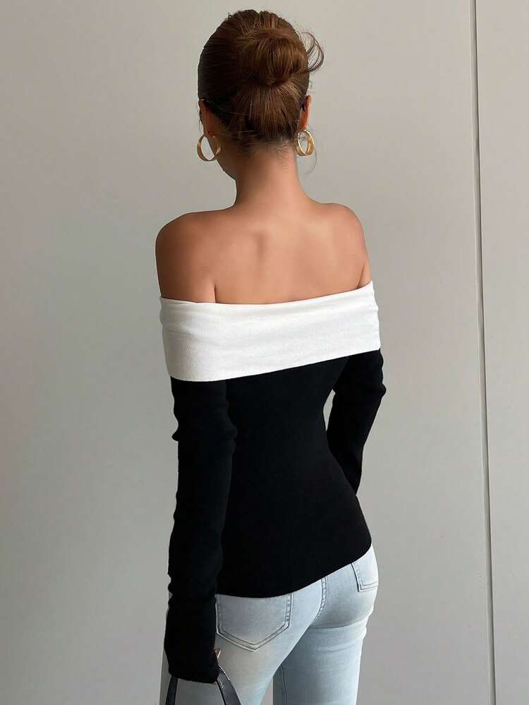 Women's Elegant Contrast Color Off Shoulder Bowknot Sweater, Autumn