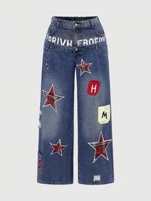 ROMWE Grunge Punk Quần jean denim xanh giặt dáng rộng phong cách Punk-Grunk cỡ lớn có cạp chun, miếng vá thêu chữ và sao, thiết kế cạp chun đôi, phong cách đường phố, thu/đông - Nhiều màu - Xem 5