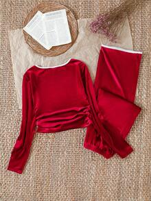 SHEIN Teen GirlChristmas Velvet Pajama Set, Elegant & Comfortable Long Sleeve Top And Straight Leg Pants, Autumn/Winter Home Wear Red Pajama Set Red Pj Set Girls Clothes Red Red Two Piece Outfit Red 2 Piece Sets 13y Girls