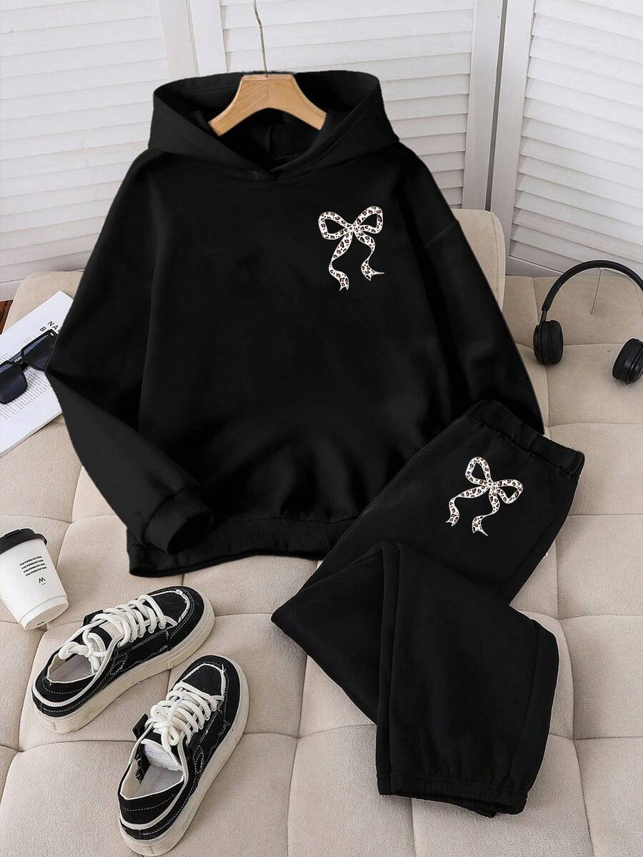 少女黑色连帽卫衣和运动裤两件套，休闲豹纹蝴蝶结图案，秋冬款 - 黑色 - 查看 1