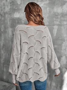 SHEIN LUNE 女士时尚休闲镂空圆领长袖毛衣 - 淺灰色 - 查看 2
