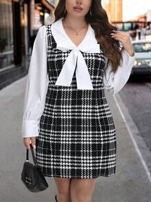 SHEIN LUNE Váy chắp vá tay đèn lồng 2 trong 1 cỡ lớn - Đen và trắng - Xem 6