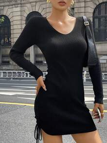 DAZY Women V-Neck Bodycon Drawstring Hem Short Sweater Dress - Black - View 1