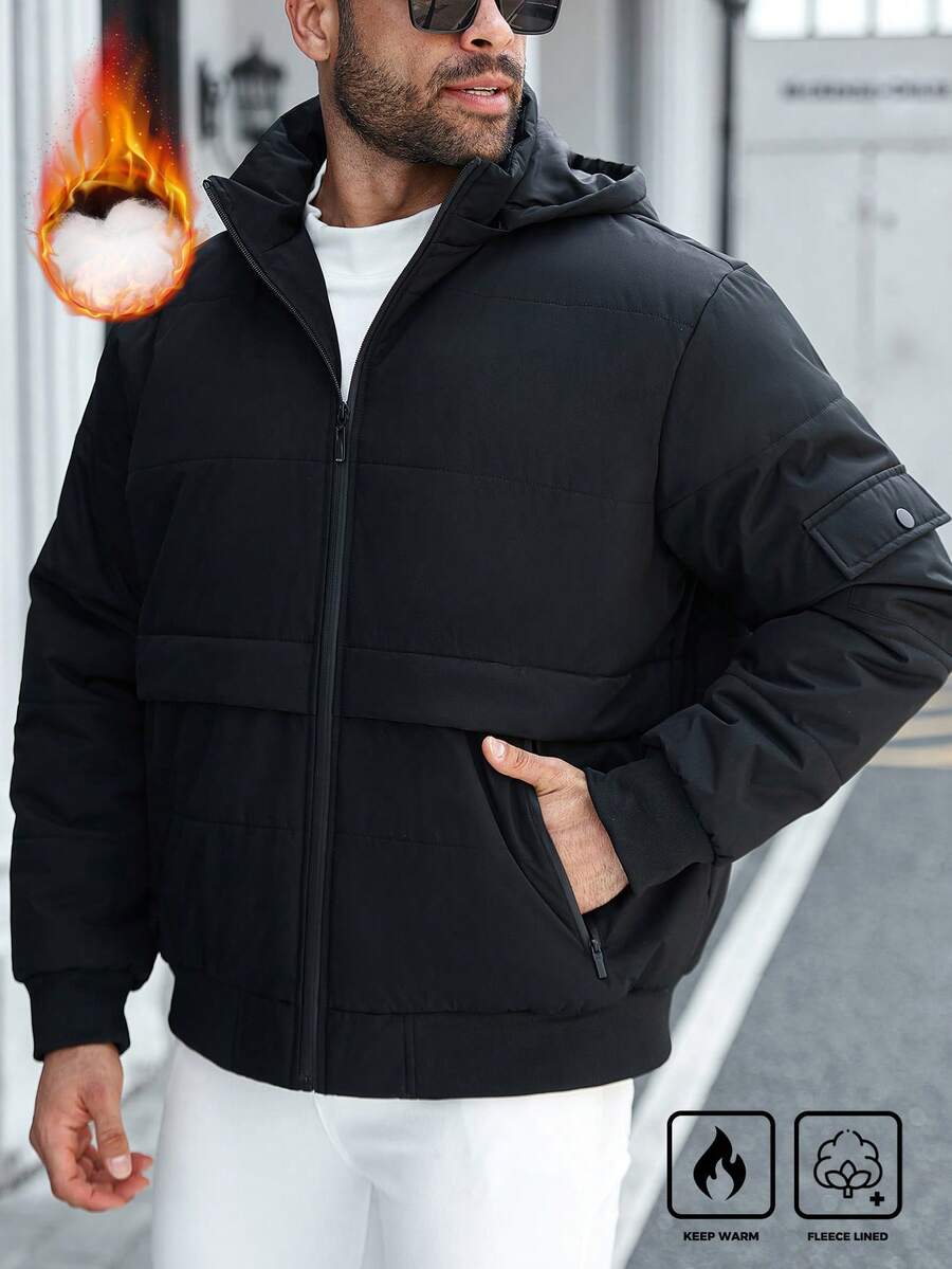 Manfinity Homme 加大码男士长袖休闲日常简约纯色拉链连帽羽绒服，冬季/秋季 - 黑色 - 查看 1