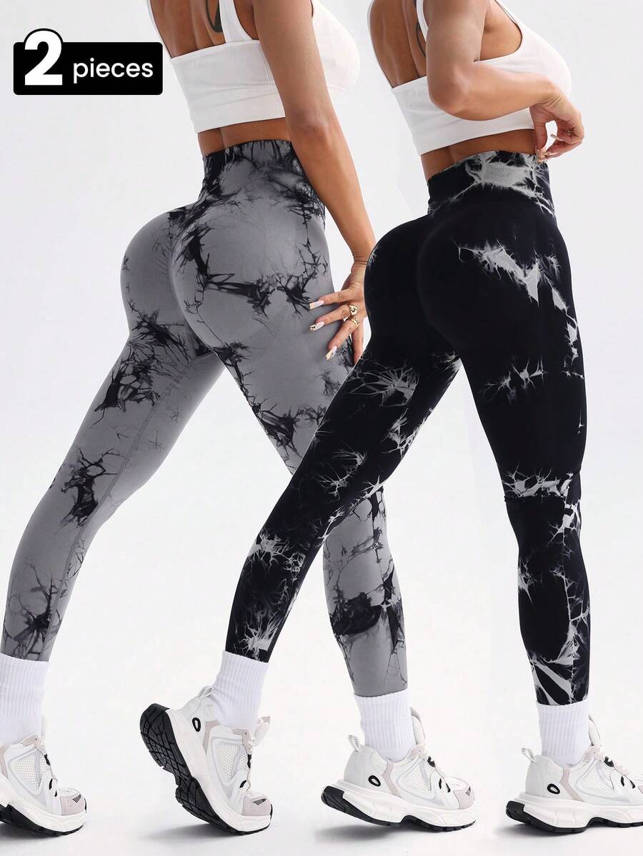 Velisys Velisys 扎染无缝高弹力运动紧身裤 Sport Studio 高腰无缝修身女式紧身裤 - 弹性柔软触感透气四向弹力紧身裤,适合跑步、骑行、瑜伽、泡菜球运动、休闲 - 彩色 - 查看 1