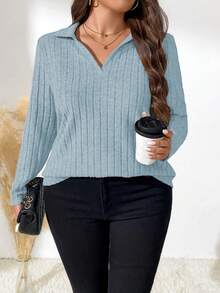 SHEIN LUNE Plus Size Women's Casual Everyday Simple Commute Solid Color Ribbed V-Neck Long Sleeve T-Shirt, Autumn - Blue - View 5