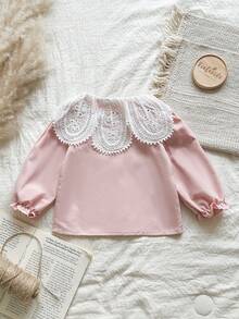 SHEIN Vintaside Kids 女婴白色蕾丝领长袖衬衫，时尚百搭娃娃衬衫，舒适时尚，适合日常穿着，春秋季 - 粉色 - 查看 2
