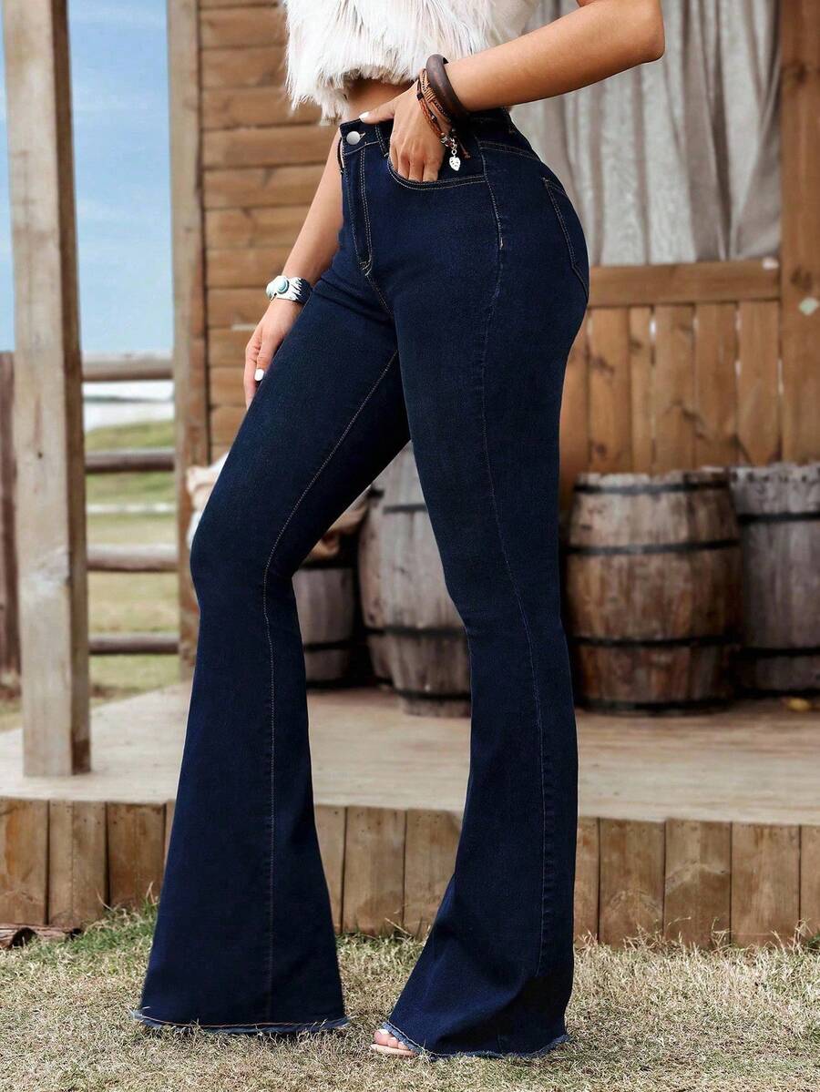 SHEIN Jeans en denim casual avec poches élastiques pour femmes grandes tailles, été - Jean brut - Voir 1