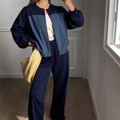 여성 대비 색상 패치워크 재킷 및 바지 2벌 세트