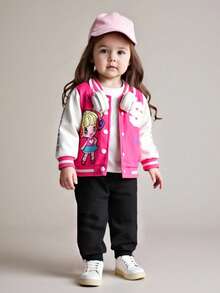 1pc Baby Girl's Fashionable Cute Sweet Floral Print Rose Pink & White Patchwork Baseball Jacket, Suitable For School And Sports, Spring/Autumn - Multicolor - View 3