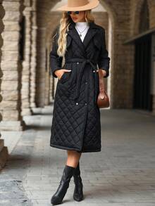SHEIN Clasi 女款休閒冬季長款絎縫填充外套附腰帶，黑白配色日常通勤外套，毛絨保暖填充外套 - 黑色 - 查看 7