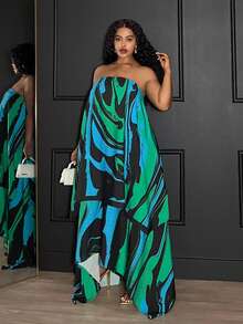 Slaydiva 2025 Spring, Summer, Autumn, Winter New Music Festival, Easter, Western, Nomadic Style Dress, Suitable For Birthday Party, Casual Wear, Vacation, Cruise Travel, Beach, Sunbathing, Viral , Street, Punk Style, Club Wear, Abstract Green Folk Print Long Sleeve Ruffle Collar Sexy Plus Size Asymmetric Hem Maxi Dress