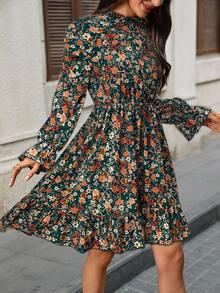 EMERY ROSE Vestido corto casual de manga larga con cuello alto y estampado floral para mujer - Verde - Ver 3