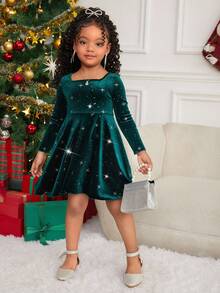 SHEIN SLAYR KIDS 小女孩 1 件时尚可爱方领喇叭天鹅绒连衣裙，A 字裙，优雅长袖蛋糕裙，适合生日派对、度假，非常适合秋冬季休闲日常穿着和上学日常，适合圣诞节 - 綠色 - 查看 3