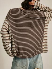 SoleilVie Women's Loose Fit Drop Shoulder Striped T-Shirt - Brown - View 4