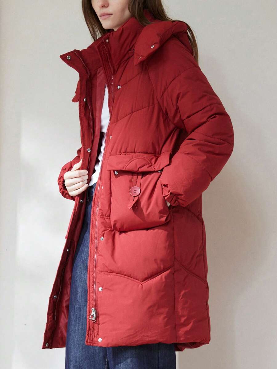 Aveloria Modichic Fashionable Detachable Hat Solid Color Retro Chic Versatile Slimming Padded Coat For Women - Red - View 1