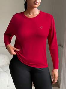 SHEIN Sports Ropa deportiva de manga larga con estampado frontal sin costuras para mujer talla grande - Rojo - Ver 7