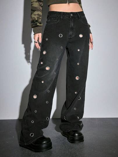 J-Fashion Jeans droits vintage Y2K streetwear avec décoration œillets, unisexe