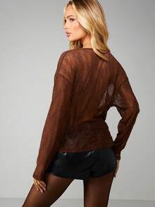 MISSGUIDED Mesh Cowl Neck Long Sleeve Top With Draped Neckline Fall Winter Layering Blouse - Coffee Brown - View 2