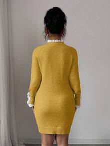Lyxana Gaun Musim Gugur/Dingin Lengan Panjang dengan Tali Kepang, Kerah Bulat, dan Hiasan Renda, Warna Aprikot - Kuning - View 2