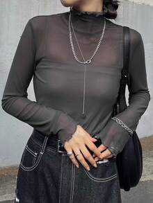 FRIFUL Women's Solid Color Frill Collar Long Sleeve Fitted Mesh Top - Grey - View 4