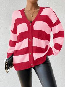 EMERY ROSE Áo len cardigan lông chồn giả sọc thiết kế mới thu đông dành cho nữ - Màu Hoa hồng đỏ - Xem 6