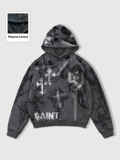 Street Life Sudadera con capucha para hombre con estampado de cruz y ángel de manga larga, otoño/invierno