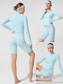 GLOWMODE FeatherFit™ Slim-It Streamline Performance Secure Pockets Zip Up Long Sleeve Jacket Low Impact Yoga Pilates Daily Valentine's Day - Aqua Blue - View 7