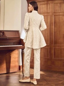 Omancia 优雅简约长袖束腰上衣和裤子女式两件套服装 - 卡其色 - 查看 2