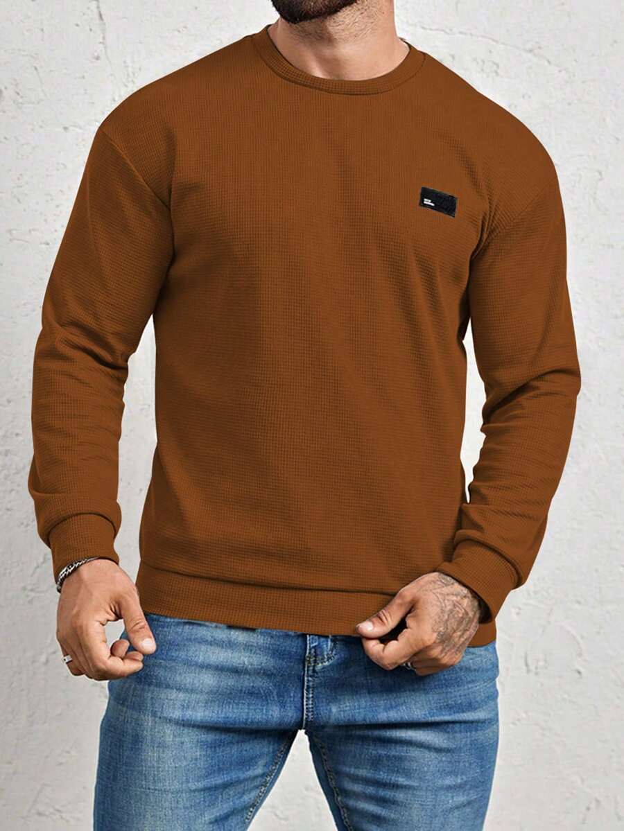 Manfinity Homme Men Oversized Letter Patched Detail Crew Neck Sweatshirt, For Fall, Long Sleeve Top - Brown - View 1