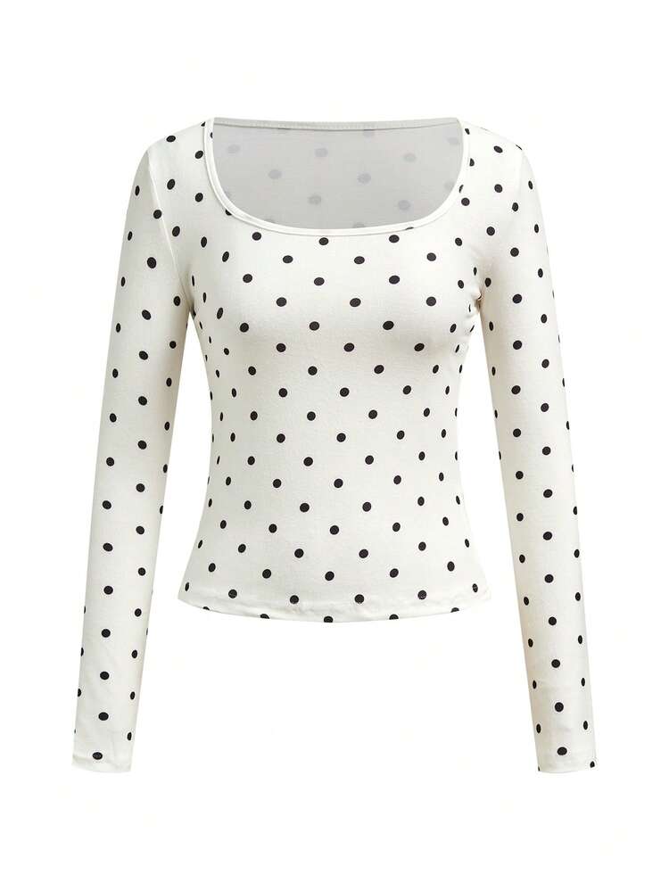 Women Polka Dot Long Sleeve Square Neck Fitted Casual T-Shirt