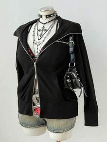 Sunspun Sudadera con cremallera y cordón ajustable de manga larga para mujer de talla grande - Negro - Ver 5