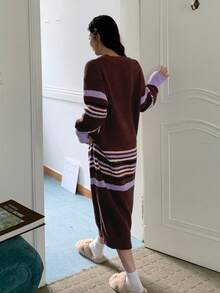 DAZY Striped Loose Long Sleeve Knitted Nightgown, Women Sleepwear Dress For Autumn/Winter Pajama - Brown - View 2