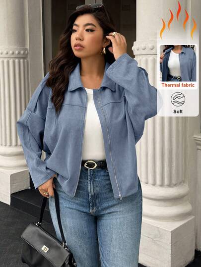 Easura Plus Size Women's Solid Color Long Sleeve Zip-Up Casual Jacket, Autumn