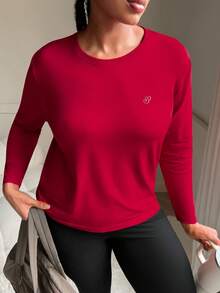 SHEIN Sports Ropa deportiva de manga larga con estampado frontal sin costuras para mujer talla grande - Rojo - Ver 6