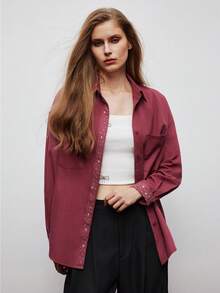 Maija Women's Casual Rhinestone Embellished Pocket Front Button Long Sleeve Shirt, Autumn, Winter, Christmas Party Shirt, New Year, Red Shirt, Thanksgiving Shirt, Elegant Party Shirt - Red Violet - View 2