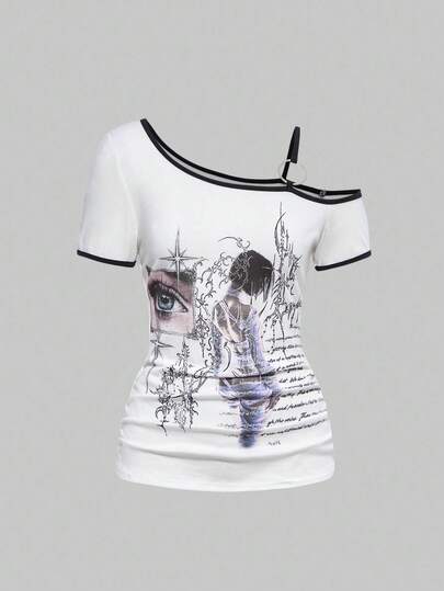 ROMWE Avant Y3K Avant-Garde Figure Print Asymmetric Shoulder Short Sleeve Elastic Ruched Women T-Shirt